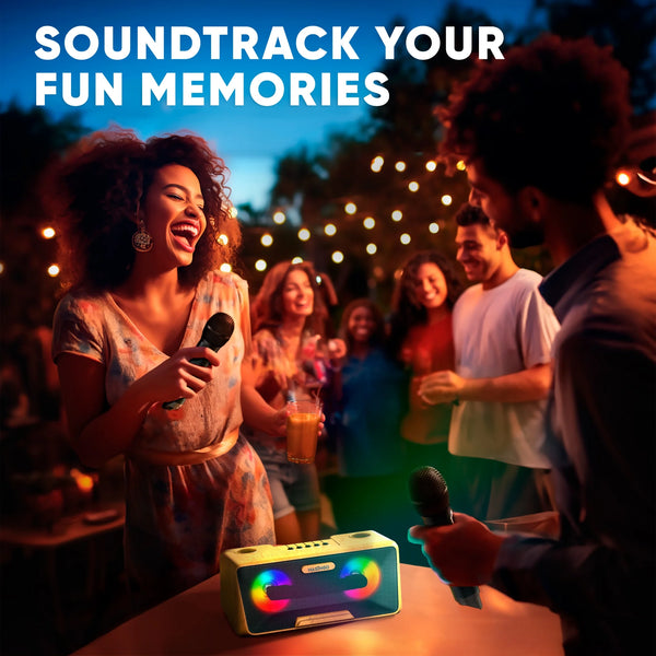 Karaoke Machine for Adults and Kids with 2 Wireless Microphones, Portable Bluetooth Singing Speaker, Colorful LED Lights, PA System, Lyrics Display Holder & TV Cable - Presto G2 (Wood)