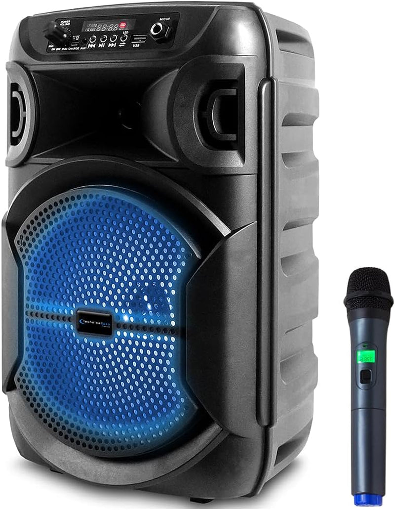 8-Inch 800W Portable Bluetooth Speaker – PA System with Woofer & Tweeter, LED Lights, USB/SD Inputs & UHF Wireless Microphone