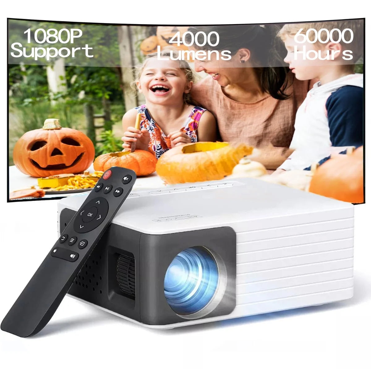 Mini 1080P Projector – 4000 Lumens LED 3.0 Outdoor Theater Projector with 60,000-Hour Lamp Life (Black)