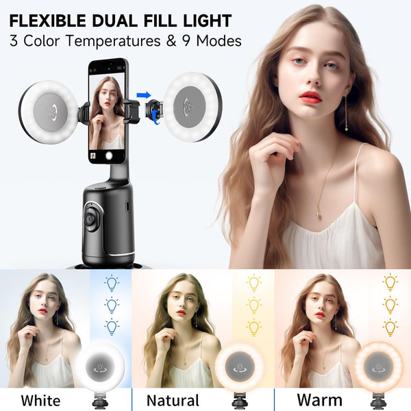 Auto Face Tracking Tripod with 2 Selfie Ring Light, 360° Rotation Face Body