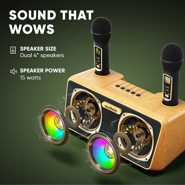 Karaoke Machine for Adults and Kids with 2 Wireless Microphones, Portable Bluetooth Singing Speaker, Colorful LED Lights, PA System, Lyrics Display Holder & TV Cable - Presto G2 (Wood)