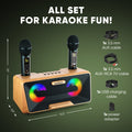 Karaoke Machine for Adults and Kids with 2 Wireless Microphones, Portable Bluetooth Singing Speaker, Colorful LED Lights, PA System, Lyrics Display Holder & TV Cable - Presto G2 (Wood)