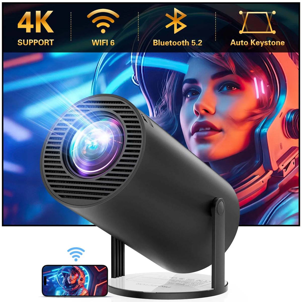 4K Mini Projector with WiFi & Bluetooth – 180° Rotation, Auto Keystone, Full HD 1080P Support, Portable Home & Outdoor Projector