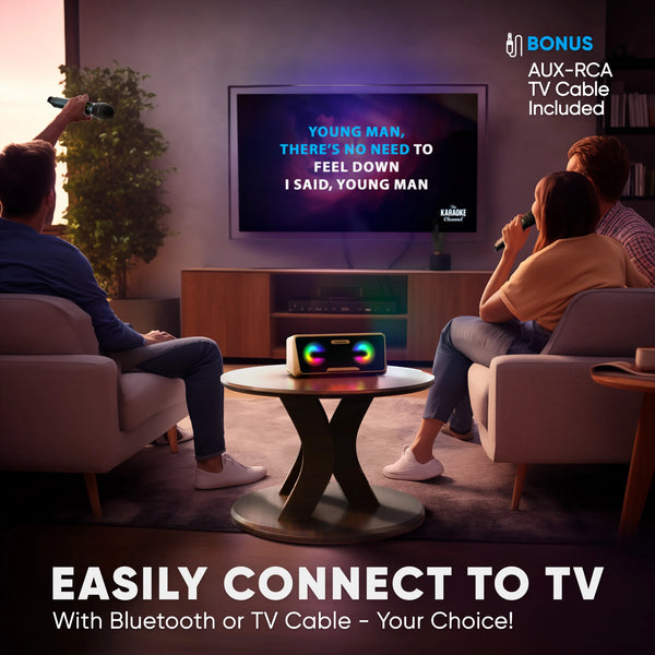 Karaoke Machine for Adults and Kids with 2 Wireless Microphones, Portable Bluetooth Singing Speaker, Colorful LED Lights, PA System, Lyrics Display Holder & TV Cable - Presto G2 (Wood)