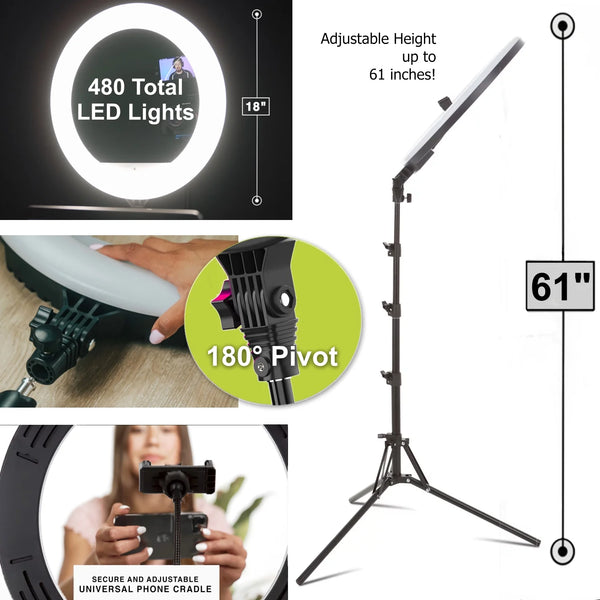 18" LED RGB Ring Light with Tripod, Phone Holder USB Charging Ports, and Wireless Remote