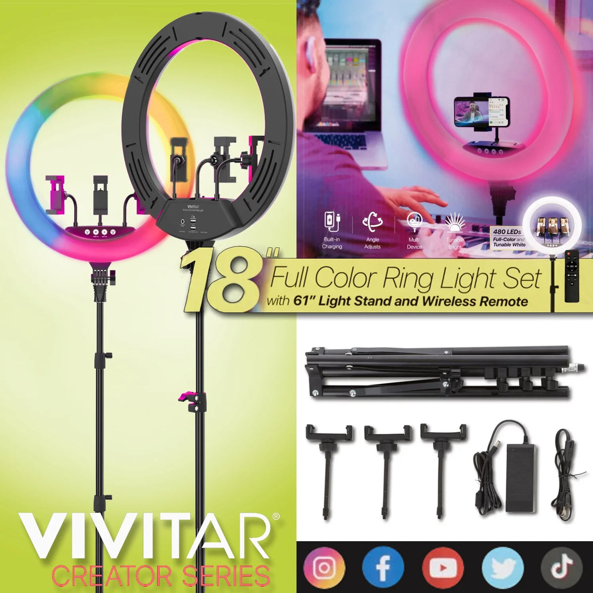 18" LED RGB Ring Light with Tripod, Phone Holder USB Charging Ports, and Wireless Remote