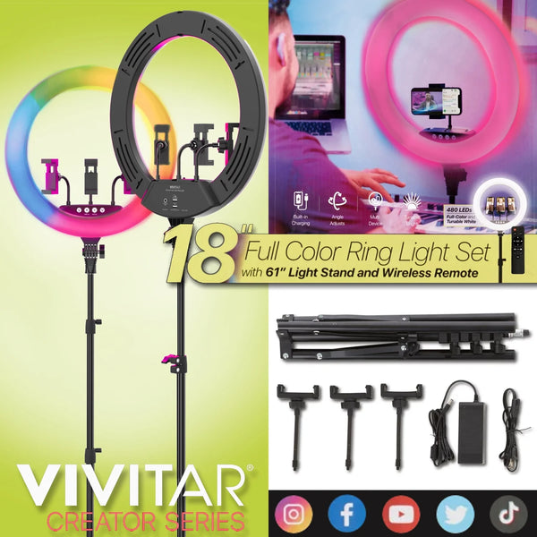 18" LED RGB Ring Light with Tripod, Phone Holder USB Charging Ports, and Wireless Remote
