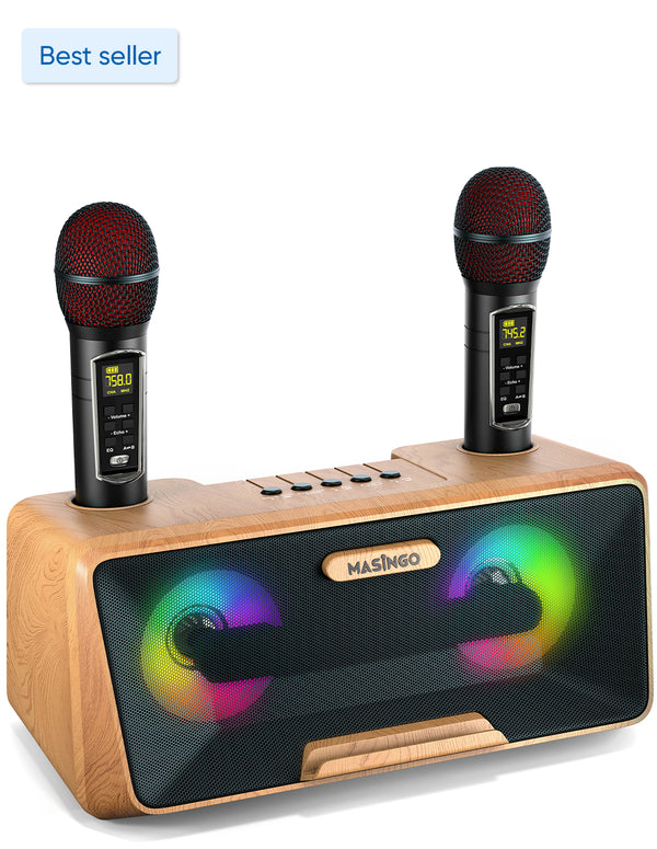 Karaoke Machine for Adults and Kids with 2 Wireless Microphones, Portable Bluetooth Singing Speaker, Colorful LED Lights, PA System, Lyrics Display Holder & TV Cable - Presto G2 (Wood)